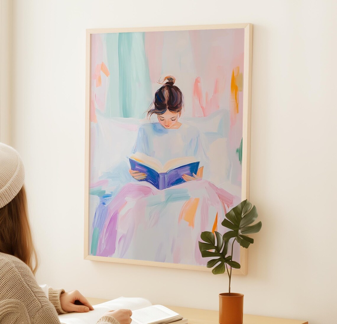 Woman Reading Book Pastel Bedroom Quiet Cozy Book Lover Art Poster - Image 2