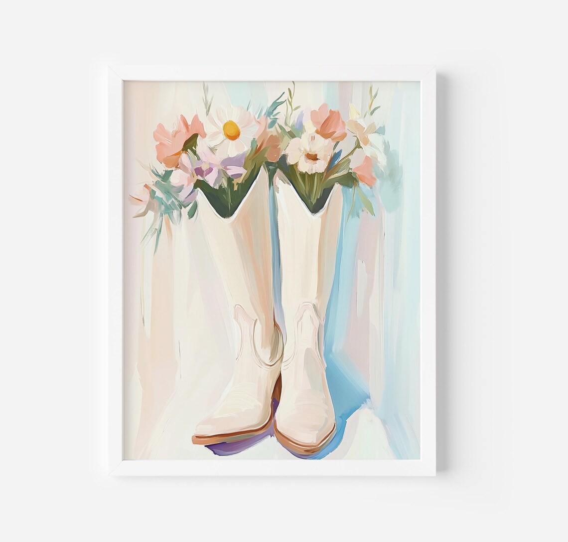 White Cowboy Boots With Flowers Western Floral Painting Poster