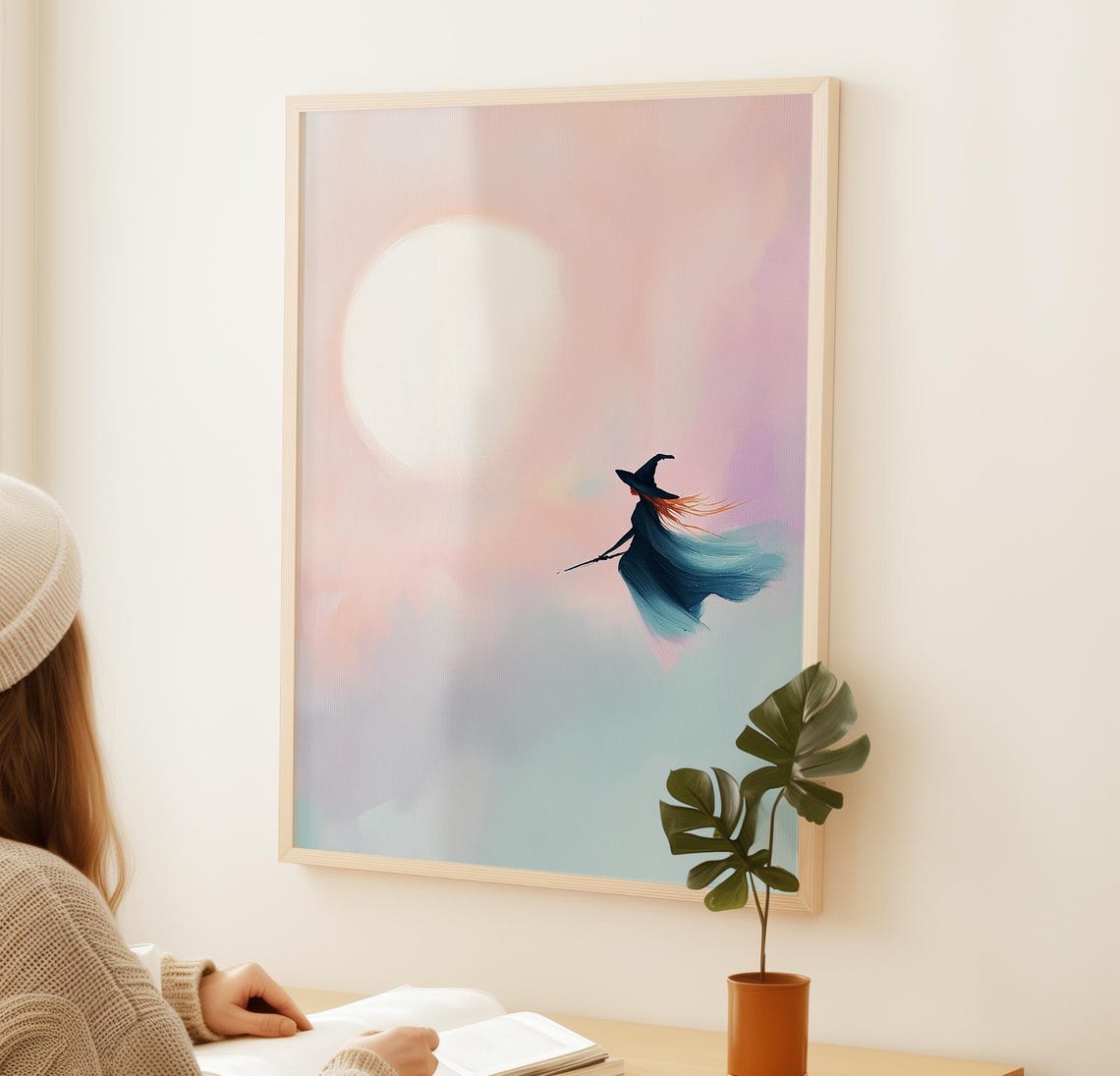 Witch Flying Past Pink Moon Pastel Halloween Night Sky Poster - Image 2