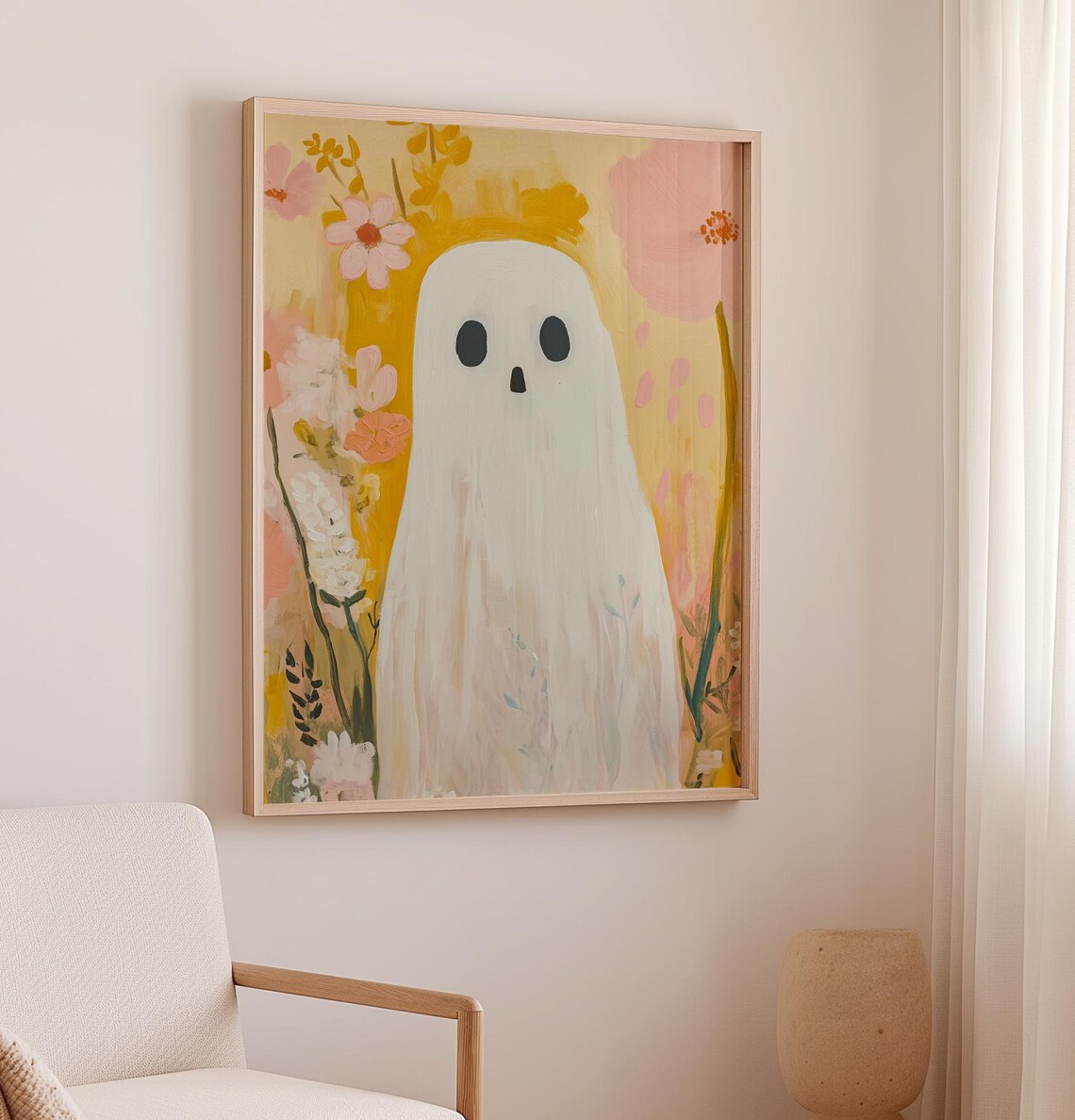 Cute Ghost Among Tall Autumn Flowers Pastel Fall Halloween Poster - Image 2