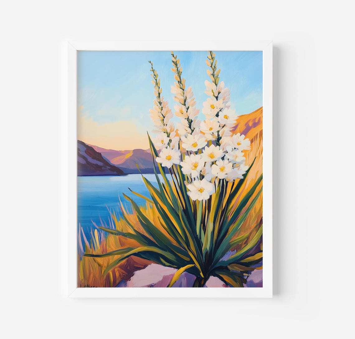 Yucca In Bloom White Blossoms Desert Lake Sunset Southwest Poster