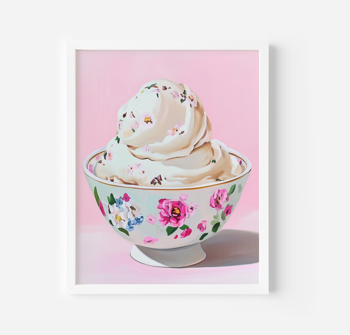 Gelato Art Print Ice Cream Poster Pastel Pink Summer Art Foodie Kitchen Decor Ice Cream Dessert Cup Art Floral Ice Cream Bowl Art Print