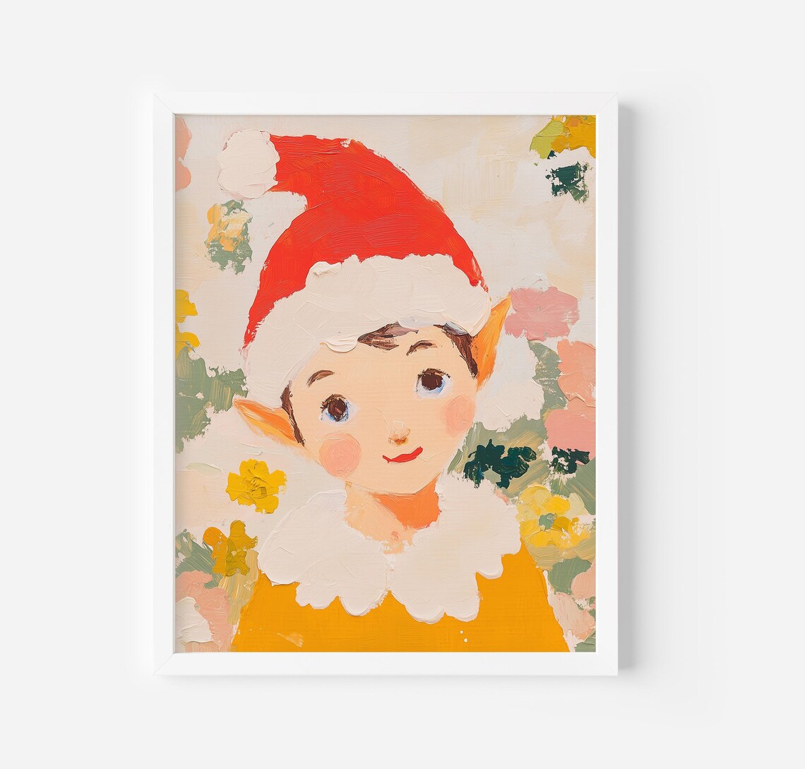 Cheerful Christmas Elf In Santa Hat Floral Oil Painting Poster - Image 3