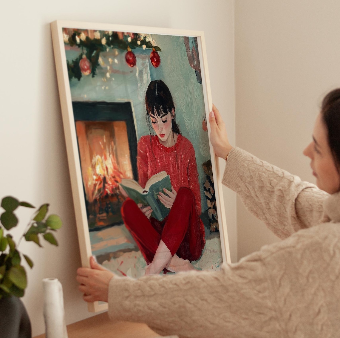 Girl Reading by Fireplace Cozy Christmas Book Nook Winter Poster