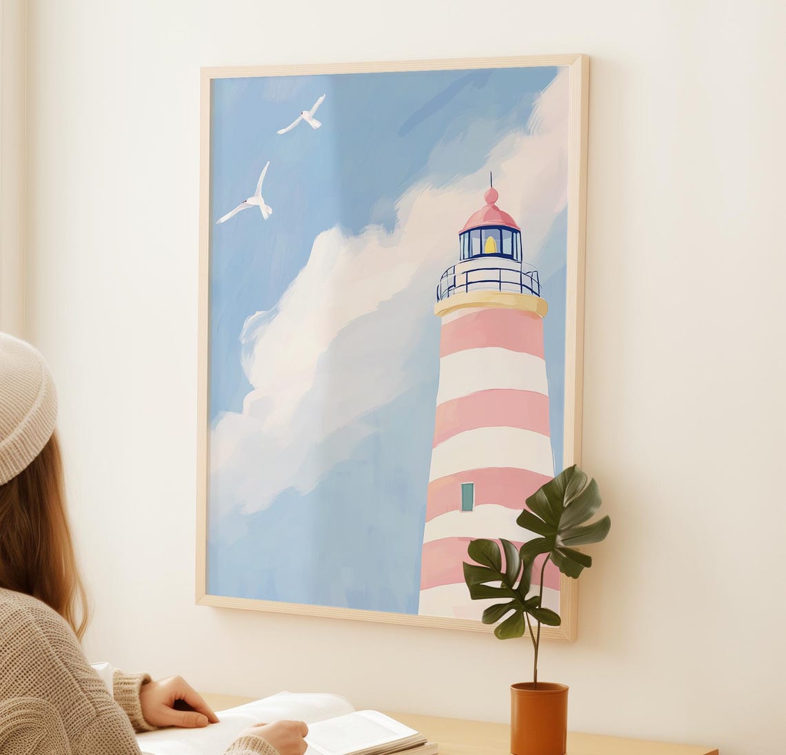 Pink Striped Lighthouse With Seagulls Coastal Painting Poster - Image 2