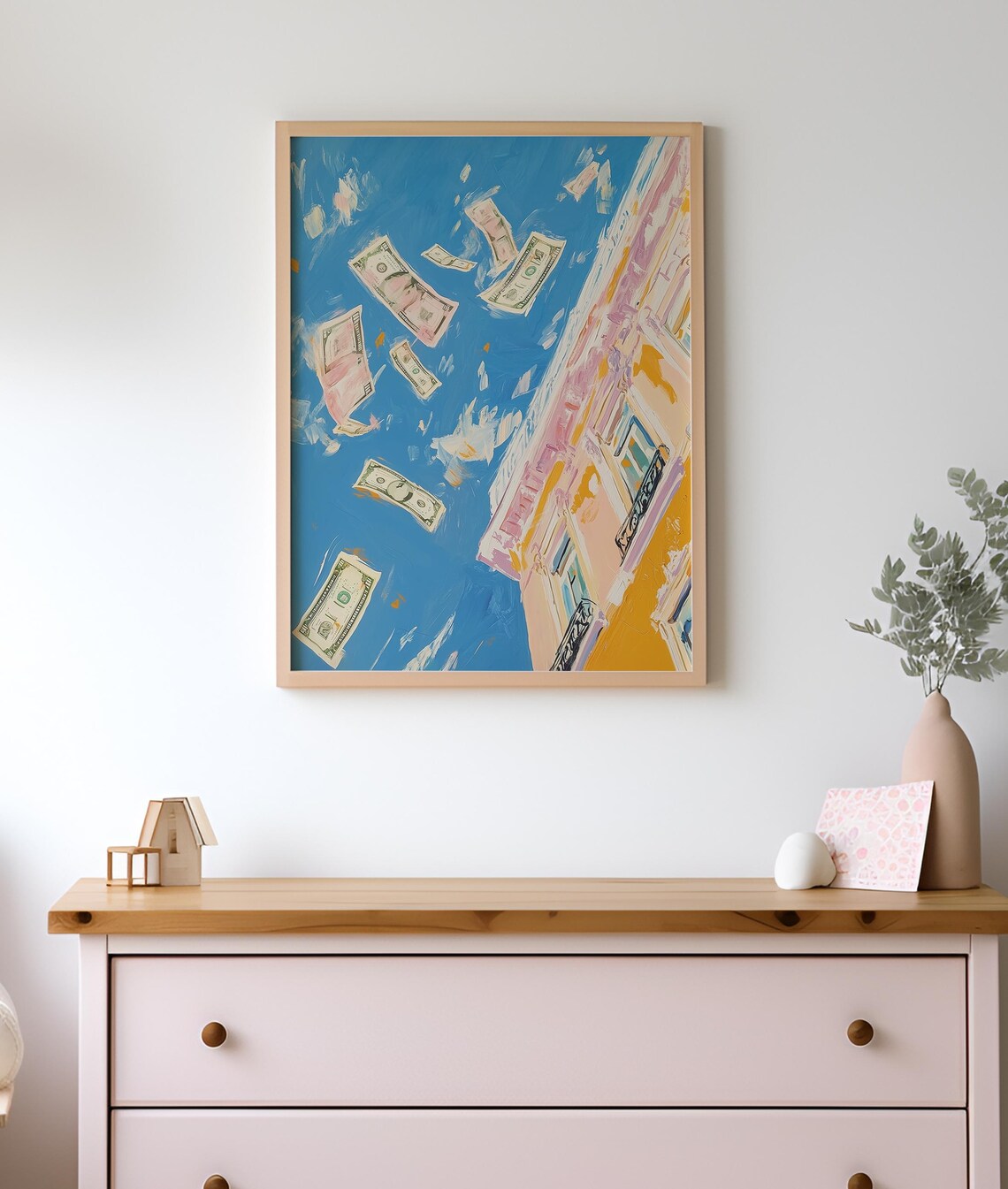 Money Raining From Blue Sky Over City Street Vibrant Preppy Art Poster - Image 3