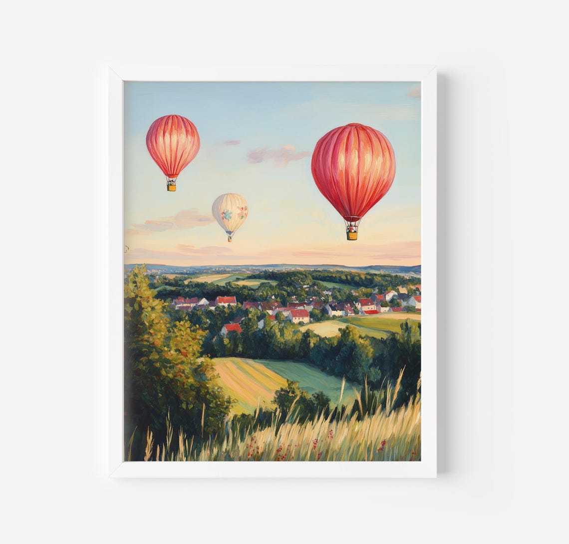 Hot Air Balloons Over Village Sunset Rolling Hills Golden Sky Poster