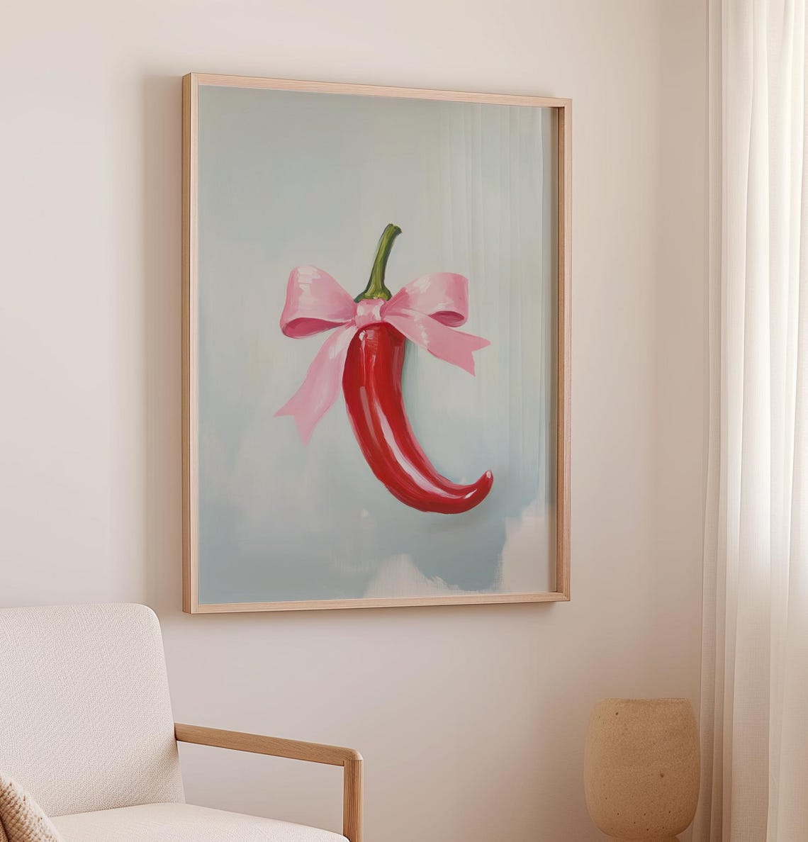 Red Chili Pepper With Pink Bow Quirky Kitchen Wall Art Poster - Image 3