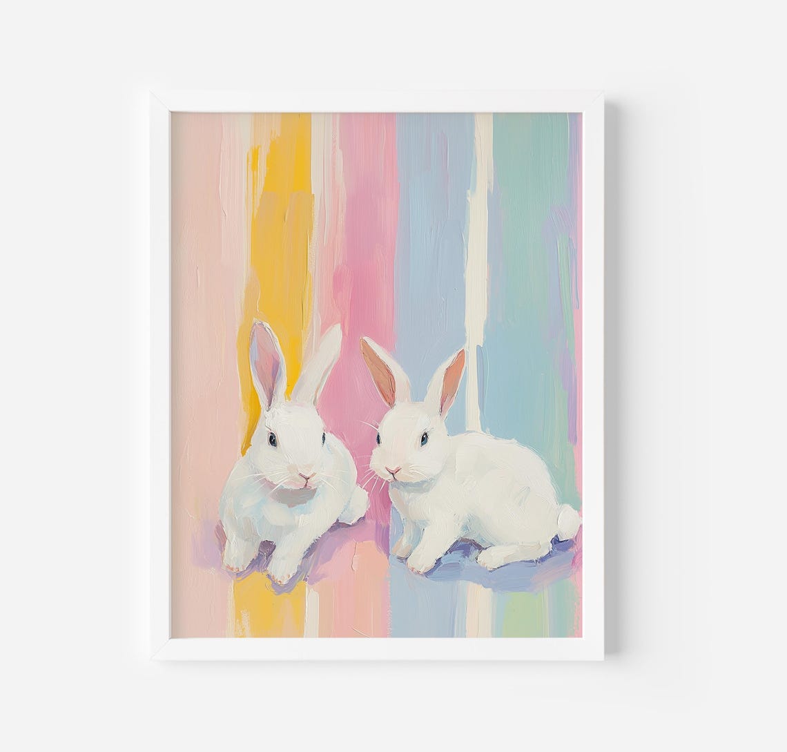 White Bunnies Pastel Striped Nursery Easter Rabbit Art Poster
