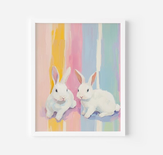 White Bunnies Pastel Striped Nursery Easter Rabbit Art Poster
