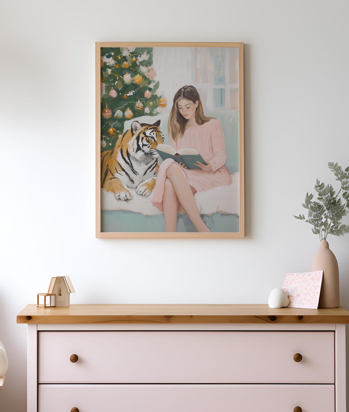 Woman Reading A Book Beside A Tiger By The Christmas Tree Poster - Image 2