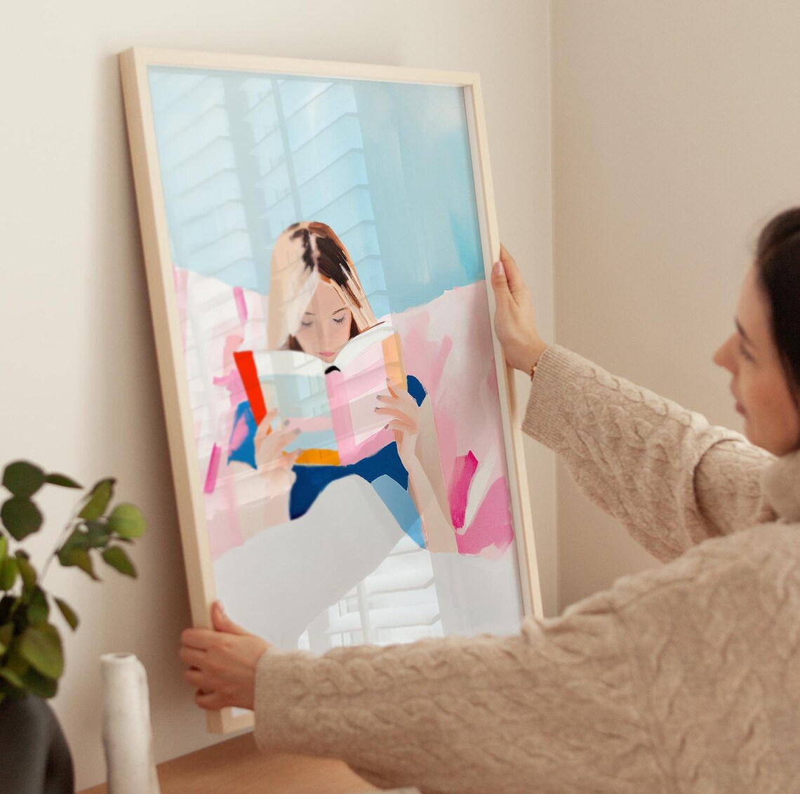 Blonde Woman Reading in Bed Blue Wall Cozy Pastel Art Poster - Image 3