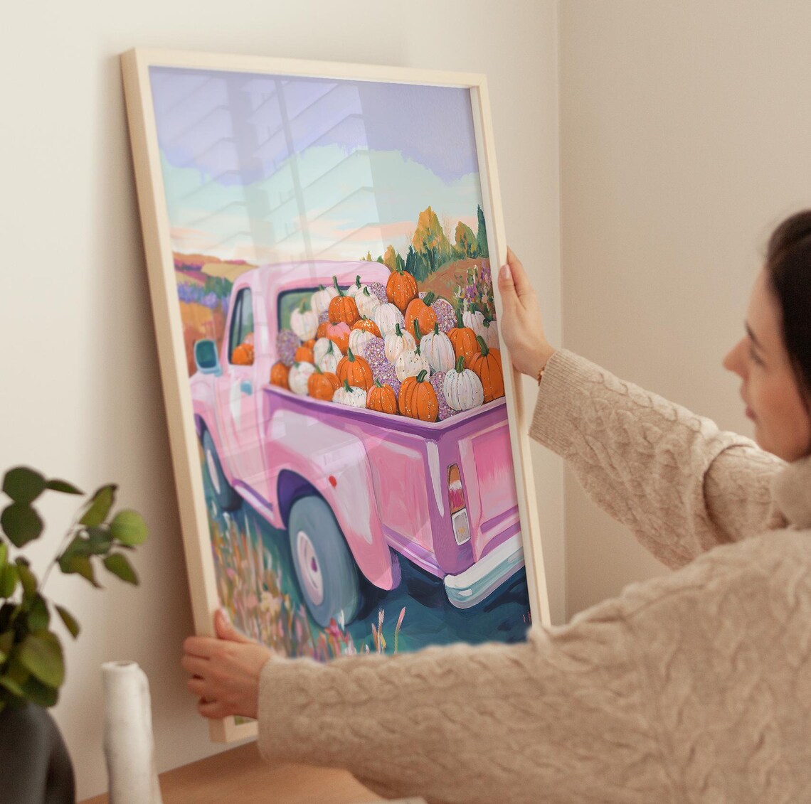 Pink Vintage Pickup Truck Full of Pumpkins Fall Harvest Scene Poster - Image 3