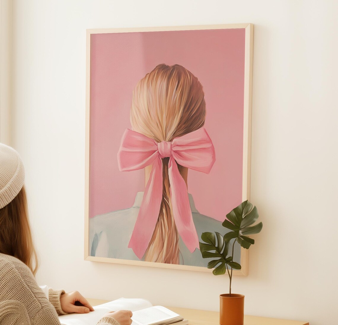 Blonde Girl Painting Pastel Wall Art Print Pink Girls Room Decor Preppy Bow Coquette Art Print Pink Bow Art - Image 2