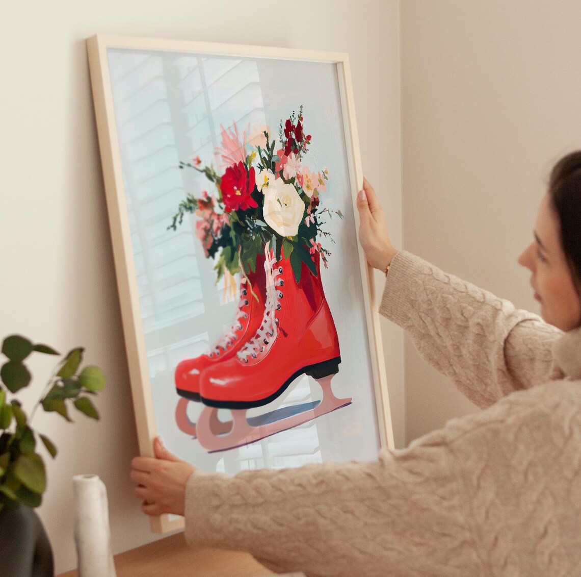 Red Ice Skates Filled With Fresh Flowers Winter Floral Poster - Image 3