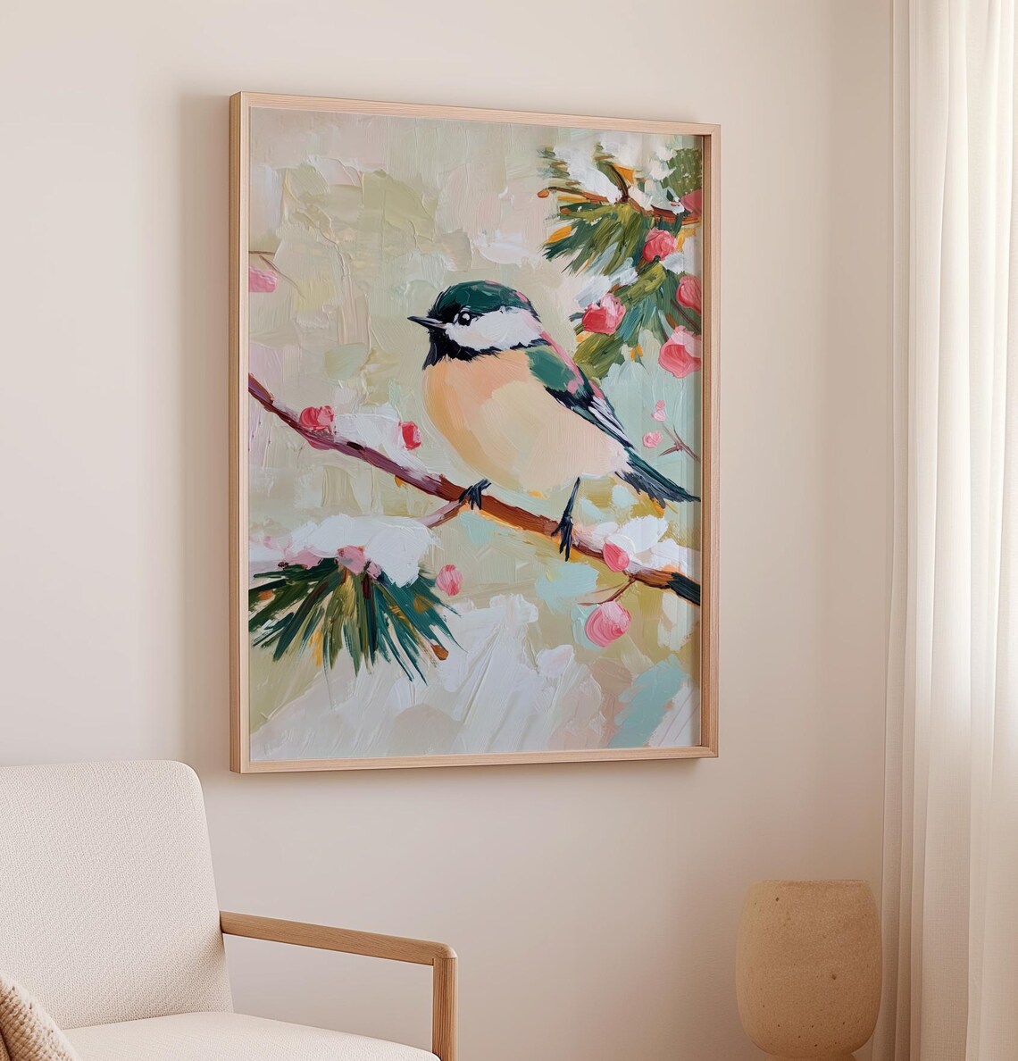 Rustic Winter Chickadee Art Print, Vintage Bird Painting - Image 2