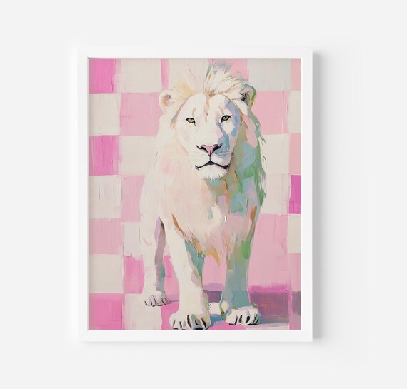 White Lion on Pink Checkered Background Pop Art Animal Kingdom Poster