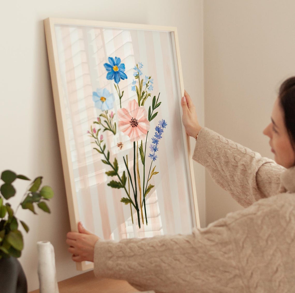 Wildflower Bouquet on Pink Striped Background Botanical Art Poster - Image 3