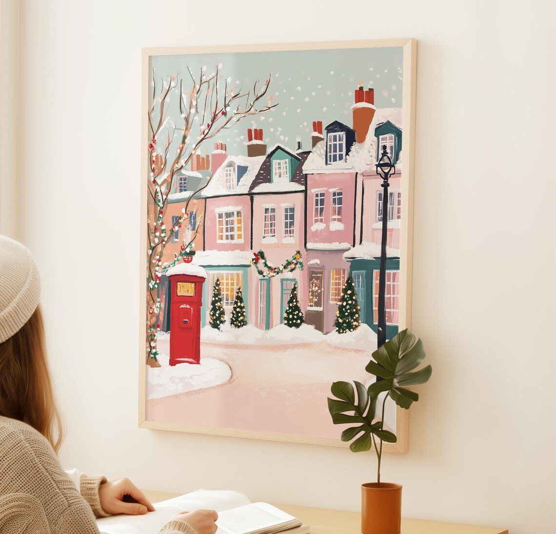 Cute Winter Town Art Print, Pink Christmas Decor - Image 3