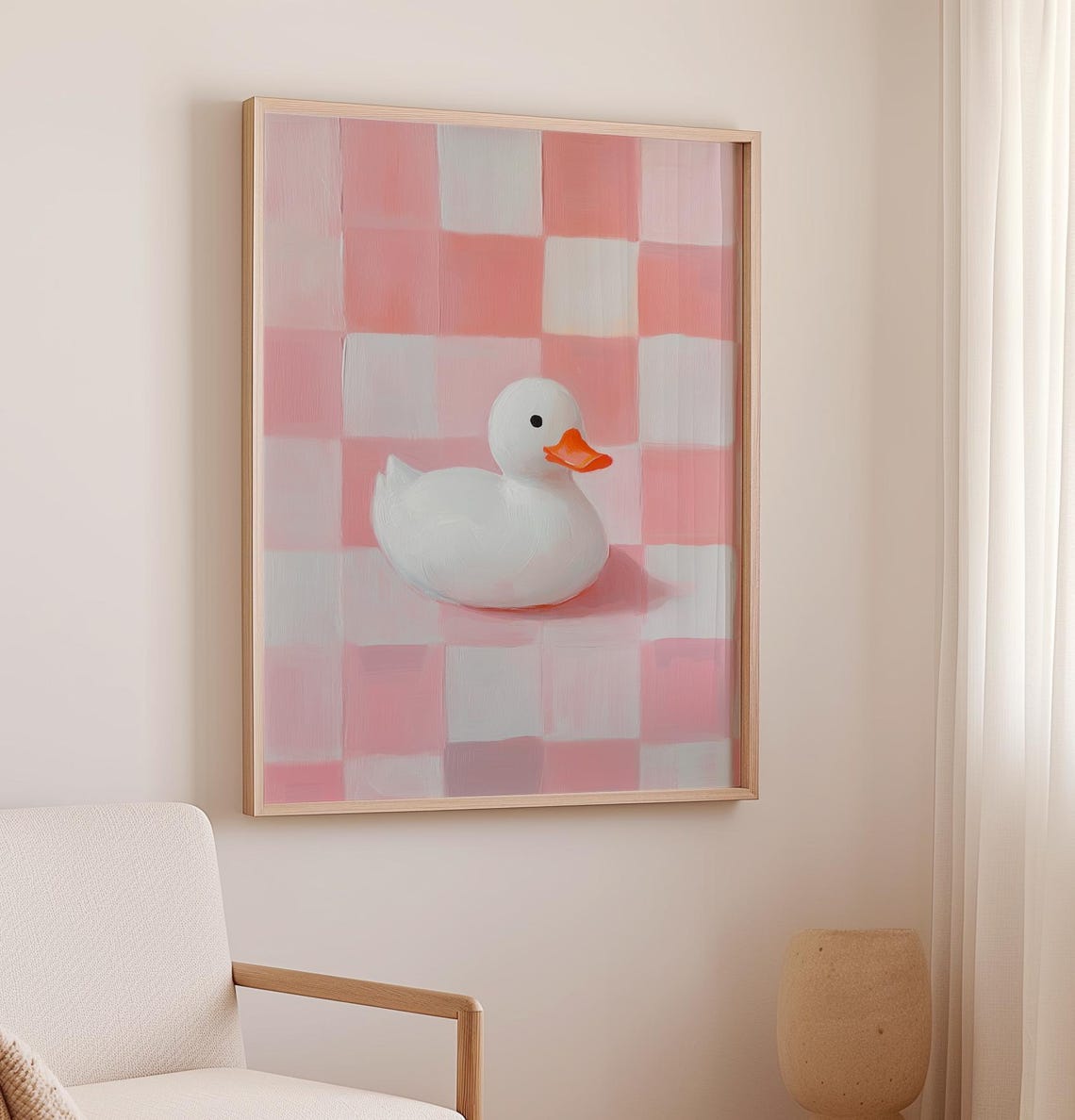 Cute White Rubber Duck on Pink Checkered Nursery Bathroom Art Poster - Image 2