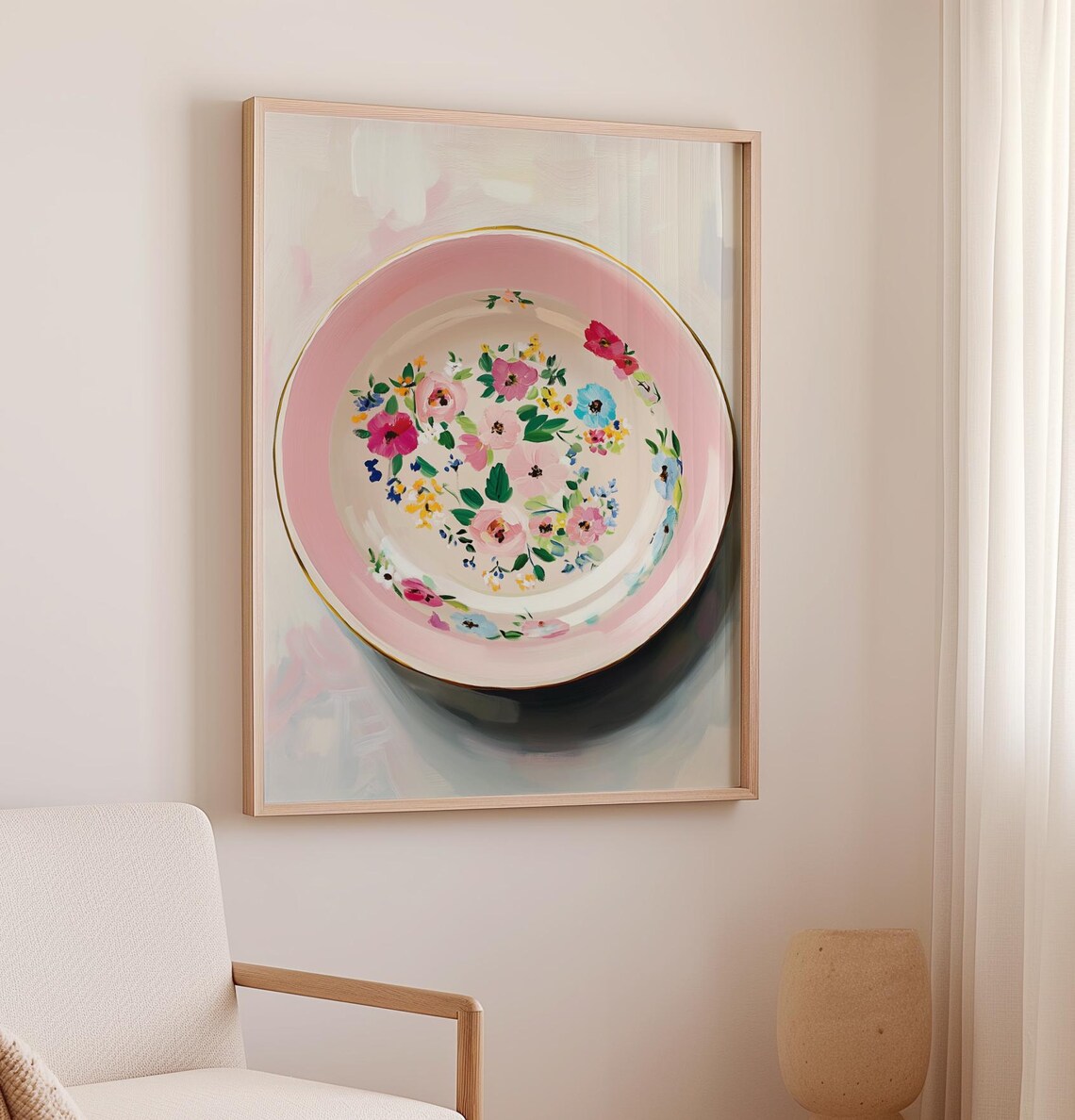 Pink Floral Painted Bowl Wildflower Centerpiece Soft Art Print Poster - Image 3