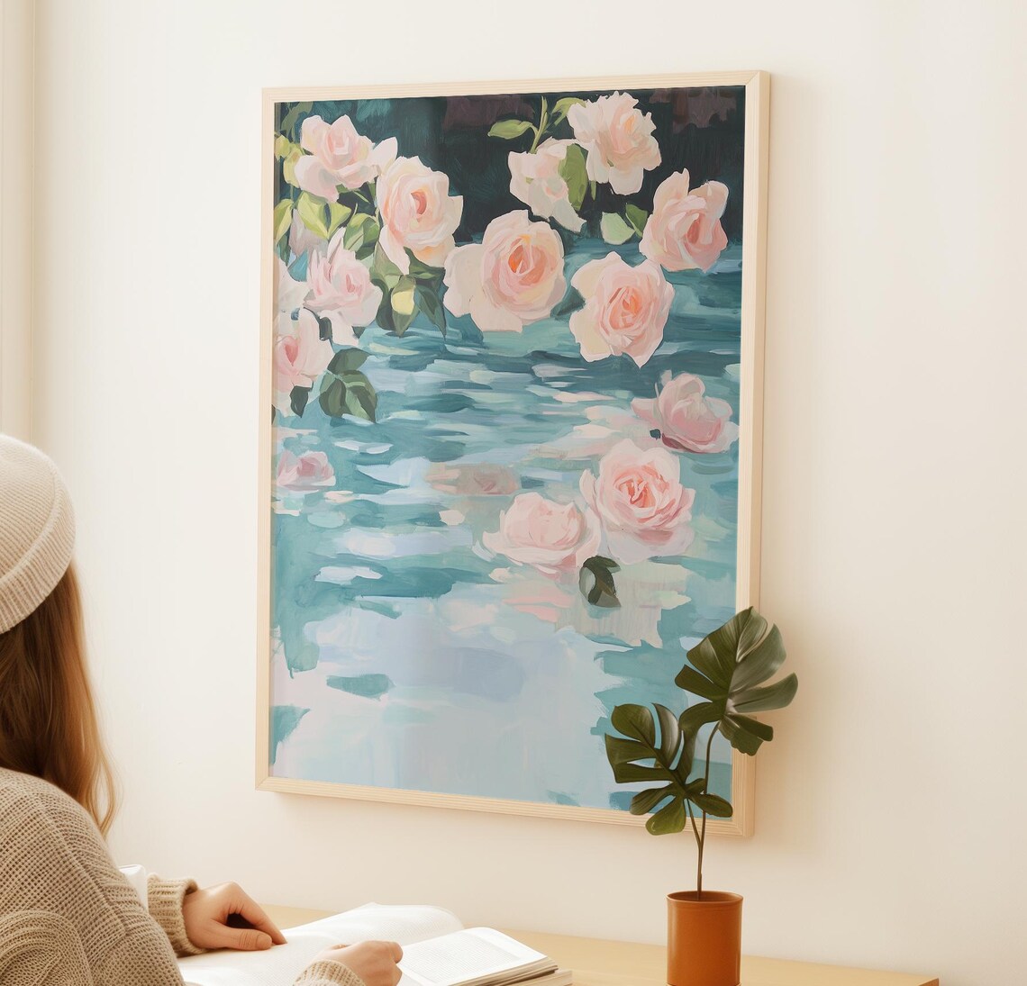 Pink Roses Lake Art Print, Spring Floral Aesthetic - Image 2