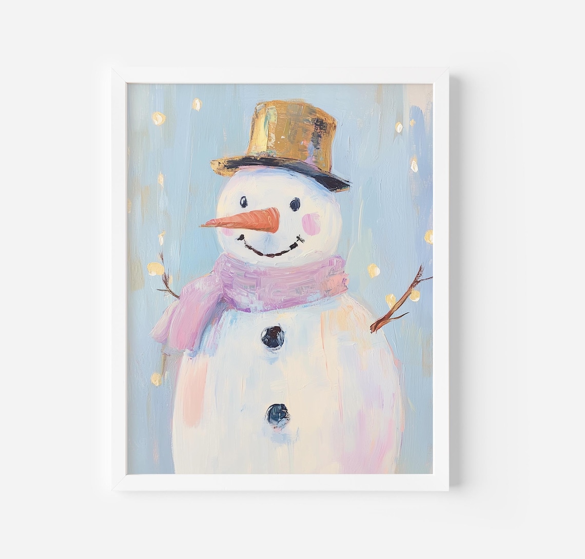 Cute Cheerful Snowman Gold Top Hat Pink Scarf Winter Art Poster