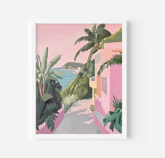 Pink Villa With Palm Trees Overlooking Turquoise Bay Coastal Poster