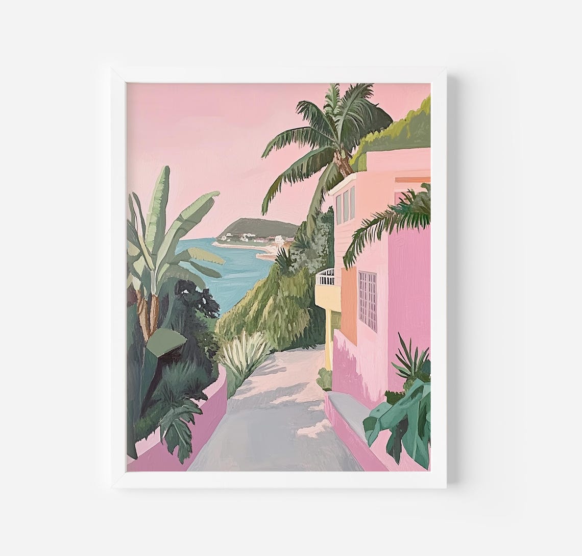 Pink Villa With Palm Trees Overlooking Turquoise Bay Coastal Poster