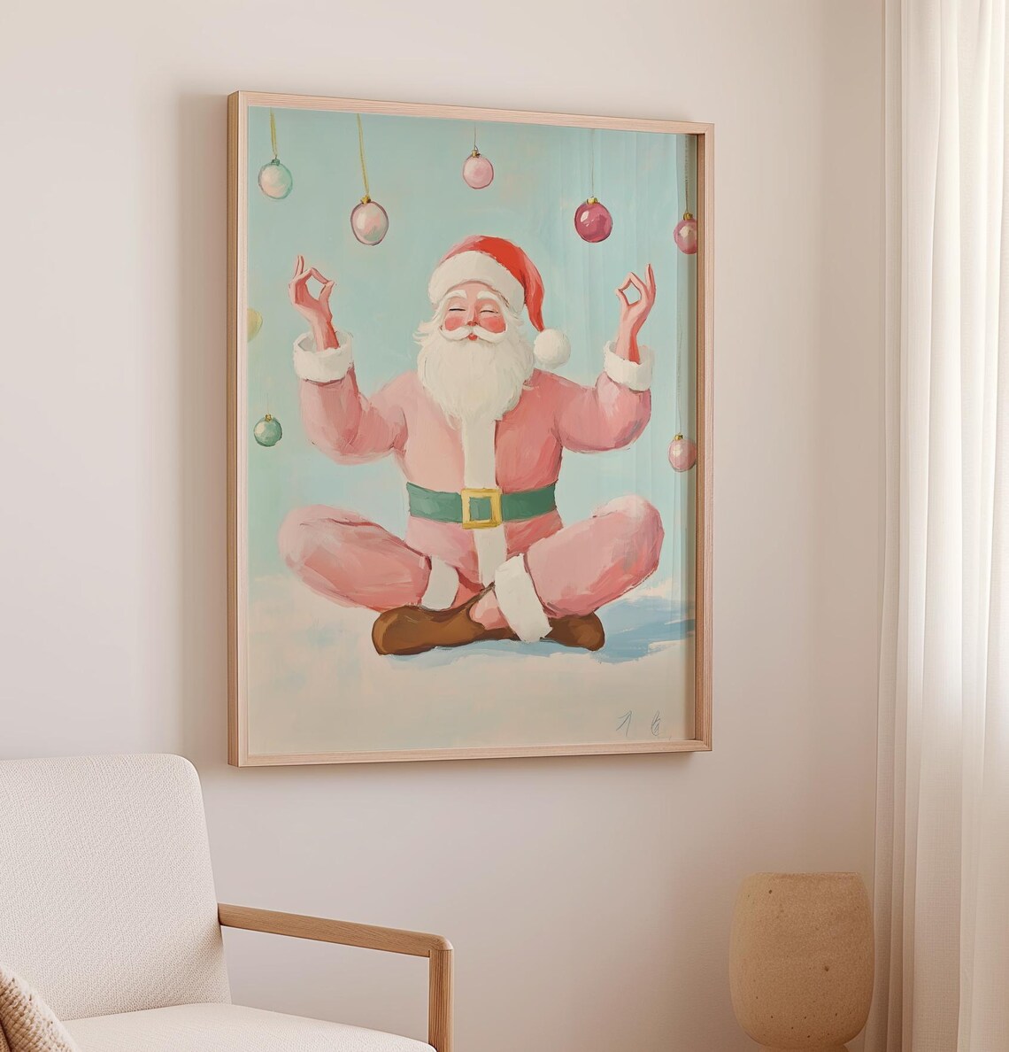 Pink Santa Claus Meditating Yoga Pose Zen Christmas Art Poster - Image 2