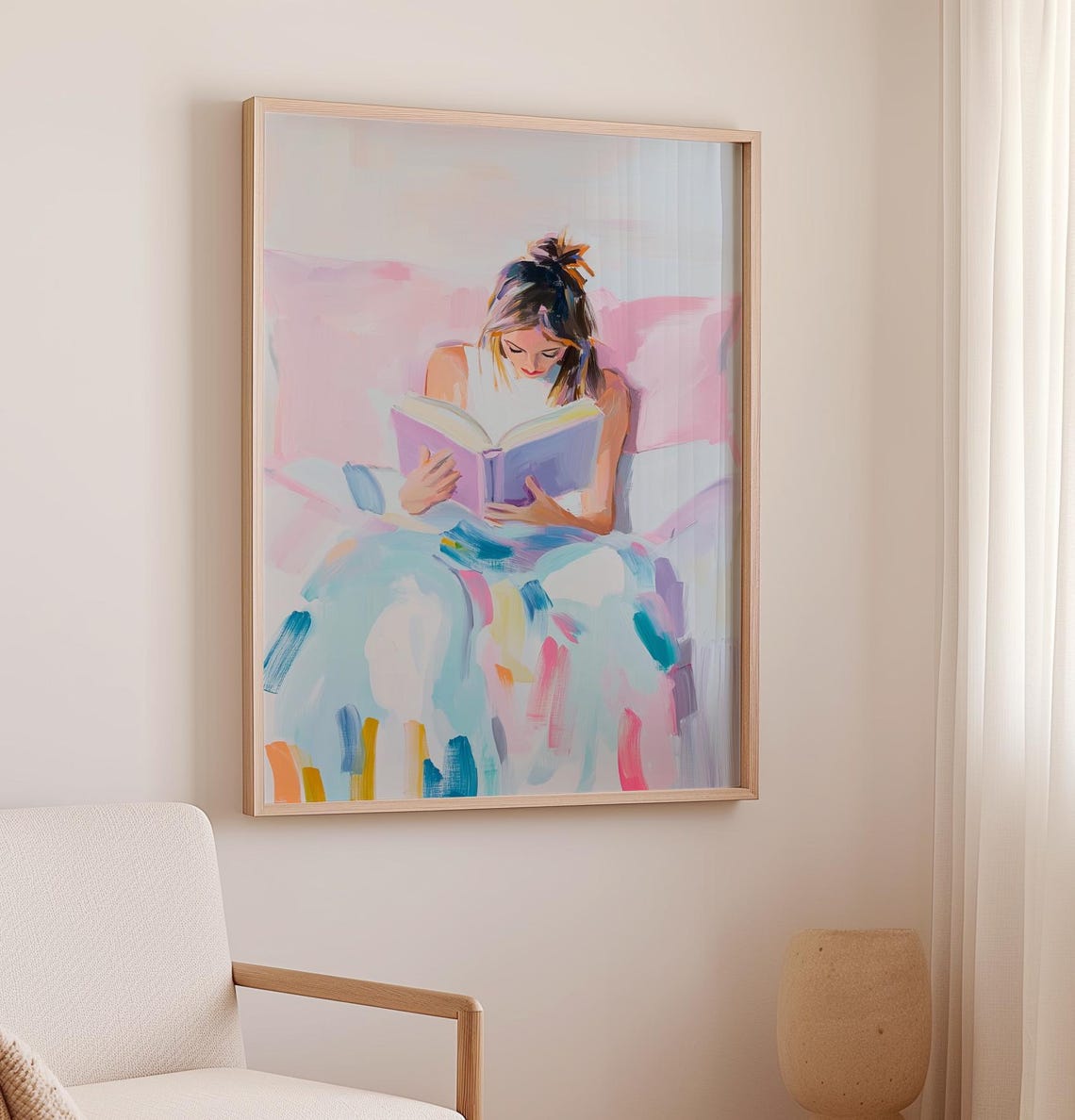 Reader in Bed Pink Blanket Morning Book Pastel Painting Poster - Image 2