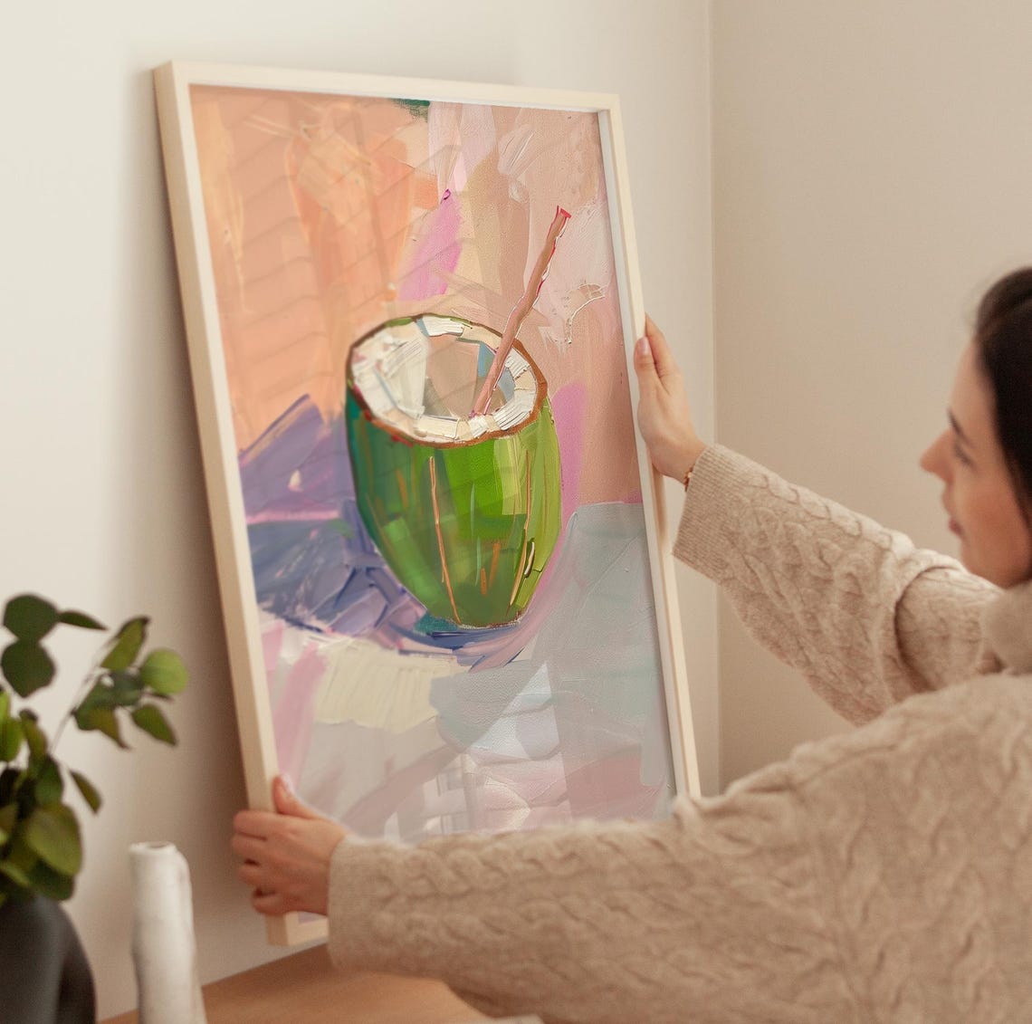 Fresh Coconut Drink With Pink Straw Tropical Summer Art Poster - Image 3