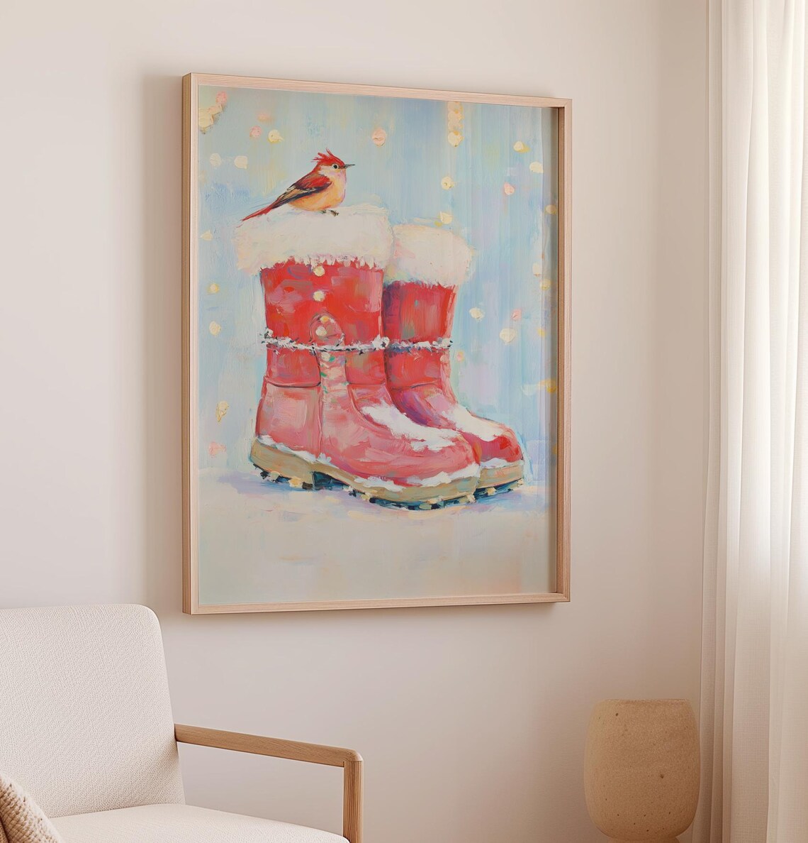 Red Snow Boots With Cardinal Bird Pastel Winter Painting Poster - Image 3