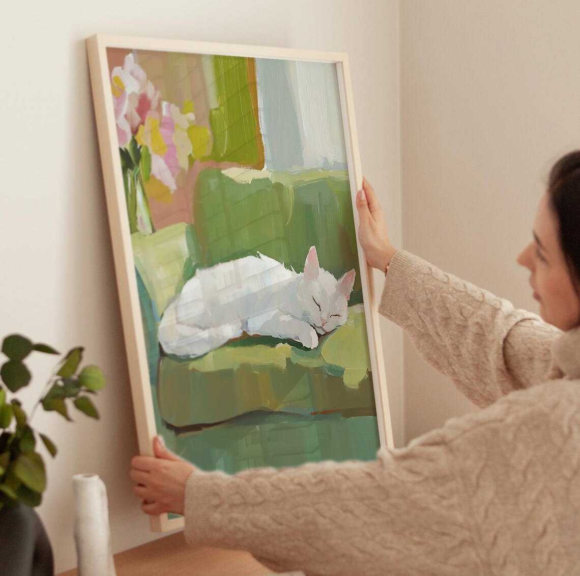 Sleeping White Kitten Art Print, Cozy Cat Wall Art - Image 3