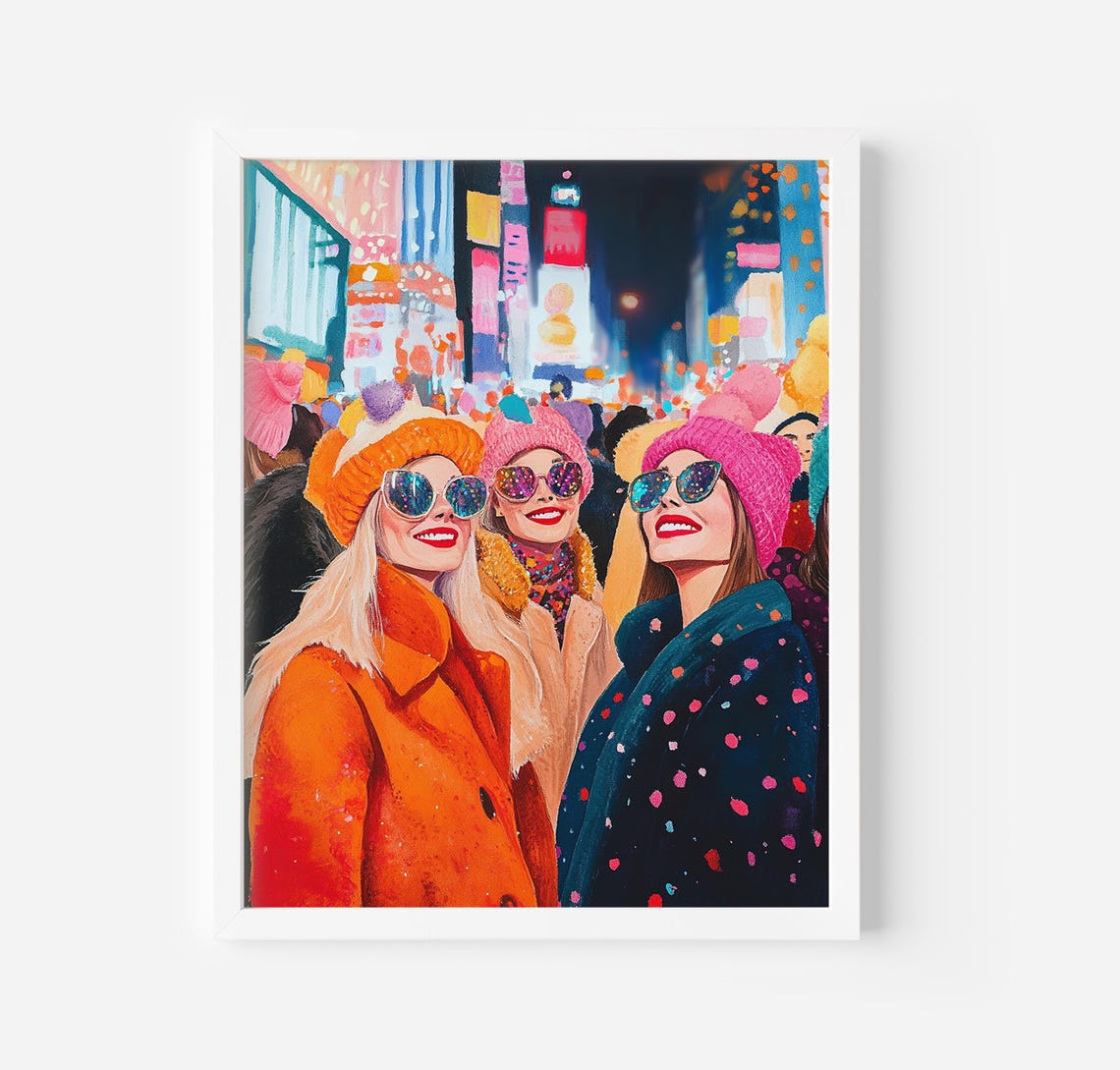 Friends Winter Night Colorful City Celebration Painting Art Poster