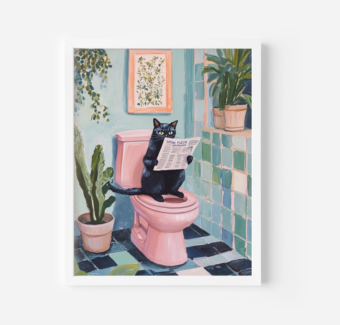Black Cat on Toilet Bathroom Wall Art Print, Maximalist