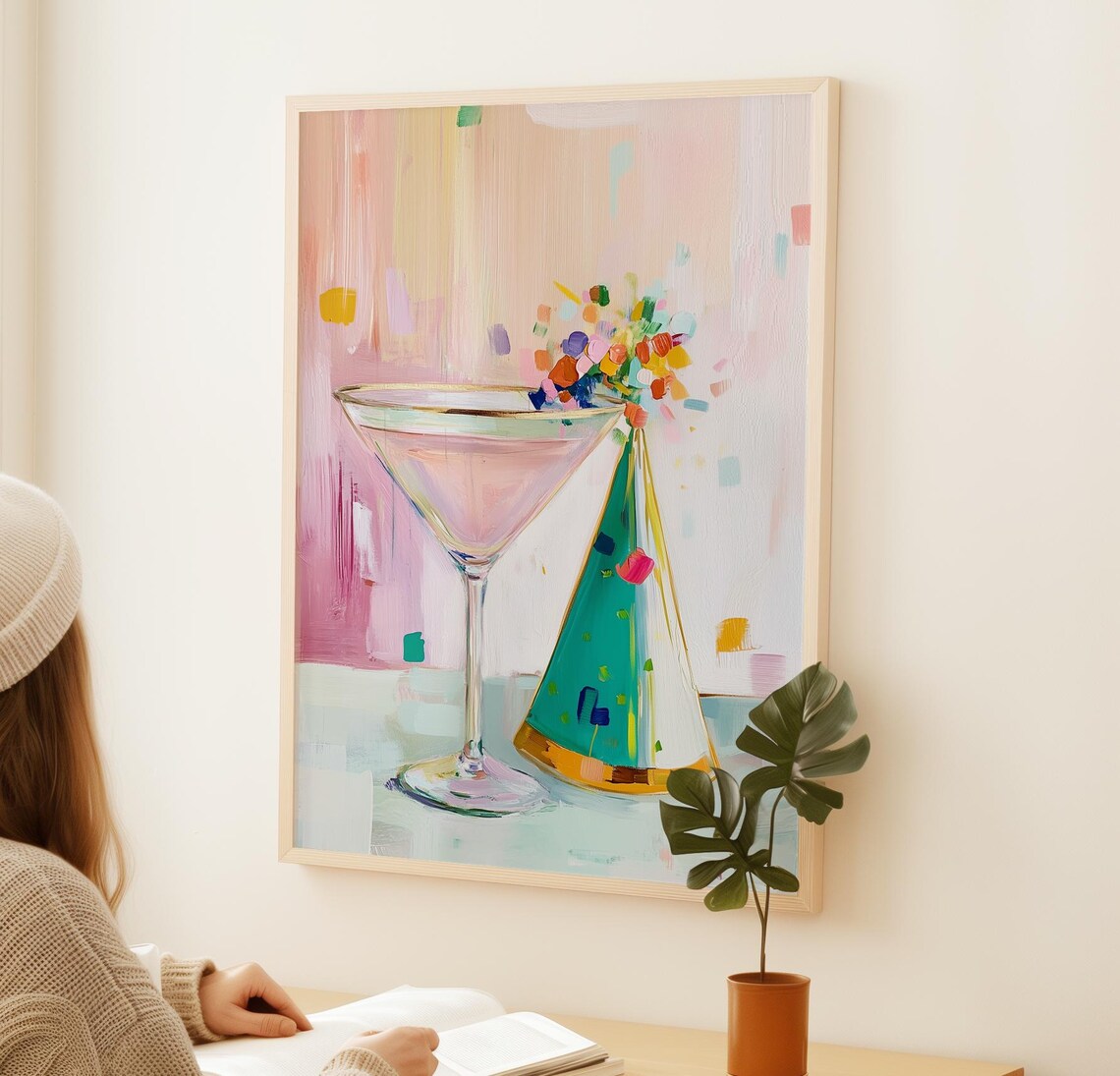 Pink Martini Glass and Party Hat Confetti Festive Bar Cart Decor Poster - Image 2