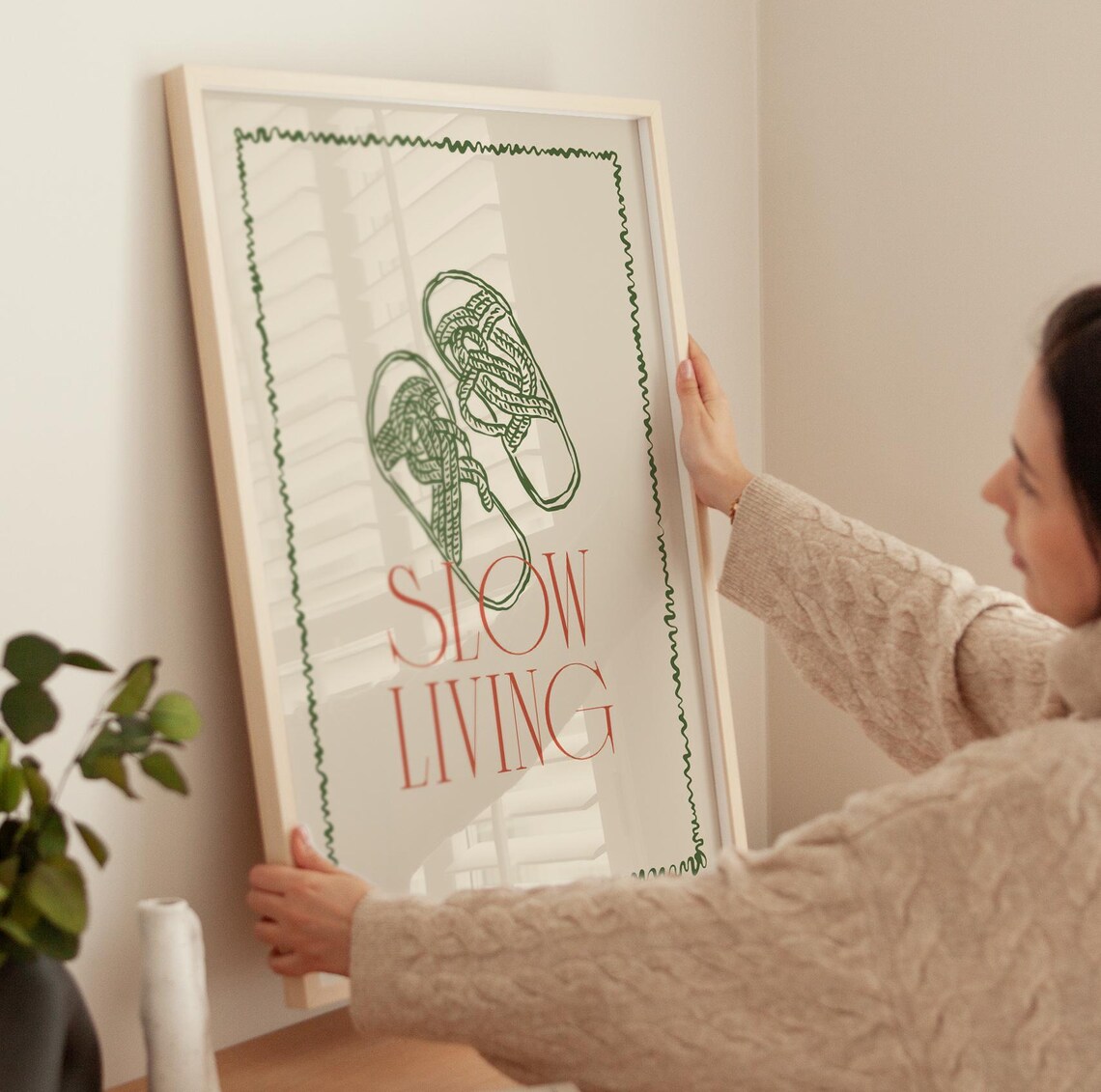 Slow Living Print Rope Sandals Beach Quote Beige Green Retro Wall Art - Image 4