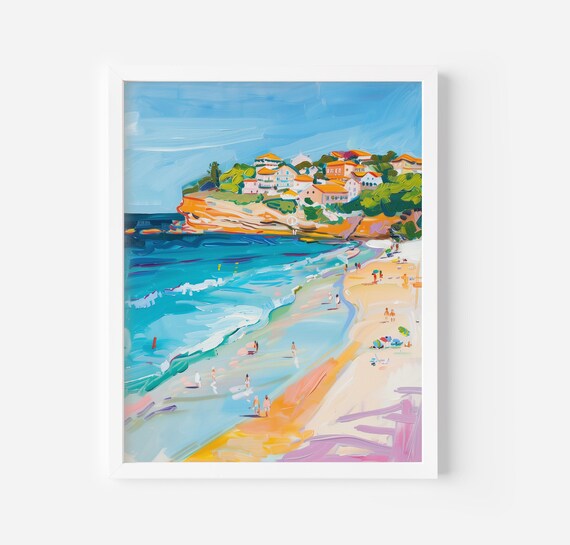 Coastal Cliffside Town Beach Scene Summer Travel Painting Poster