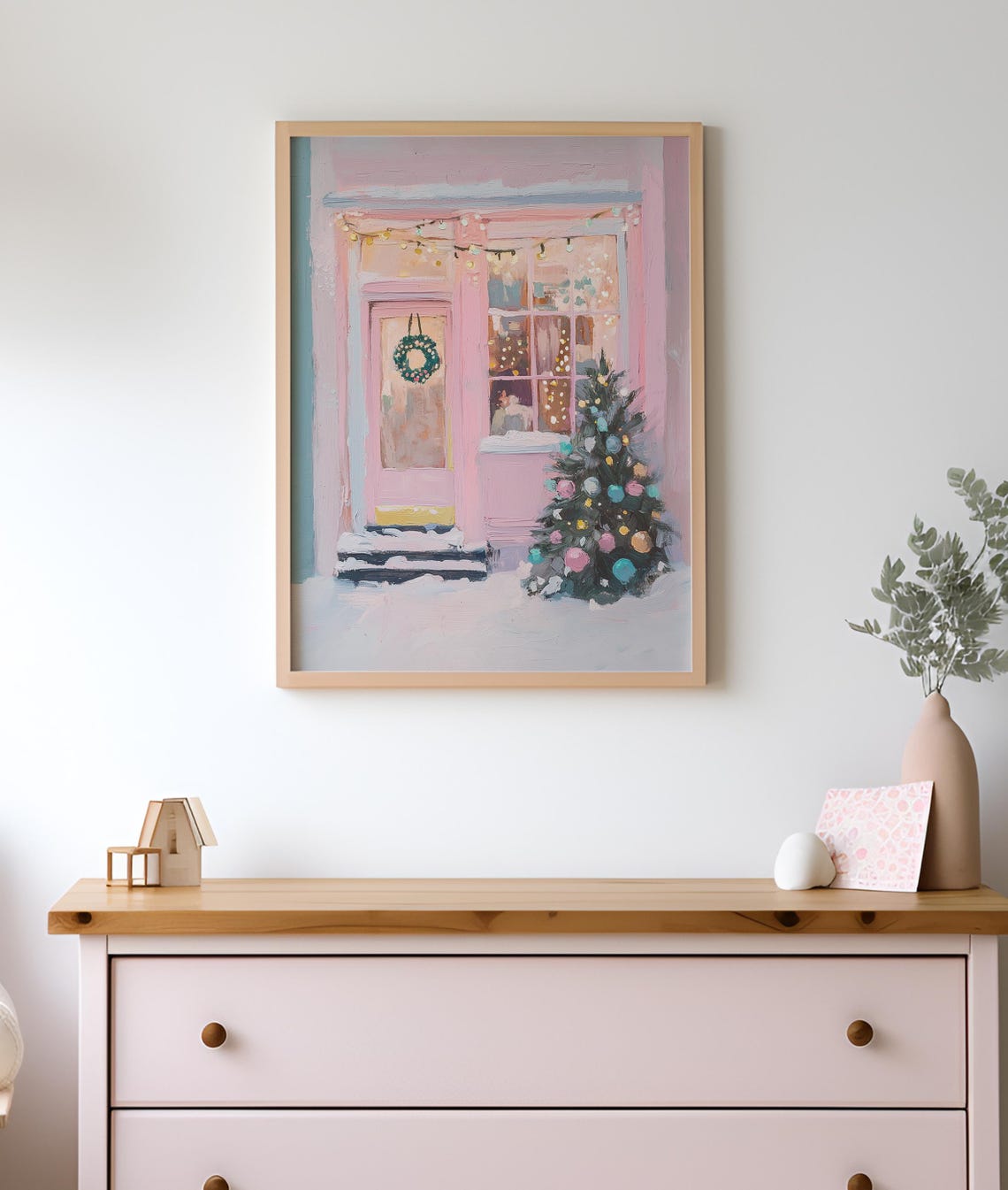 Snowy Pink Coffee Shop Storefront With Wreath Christmas Art Poster - Image 2
