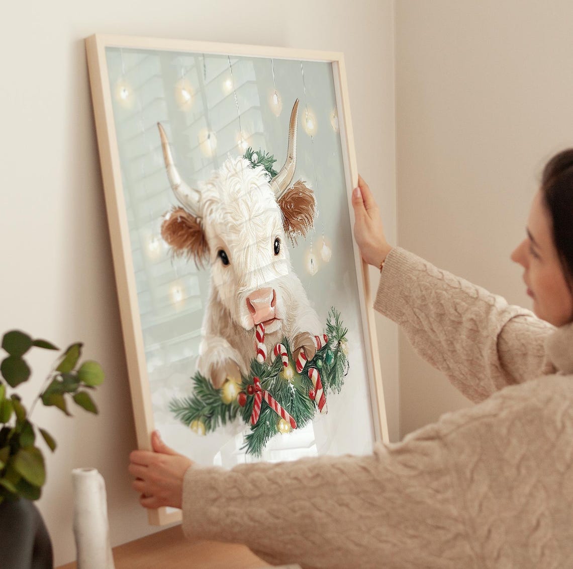 Highland Cow Christmas Art Print Farmhouse Holiday Wall Art Cute Cow Holiday Decor Cozy Winter Cow Print Still Life Art - Image 3