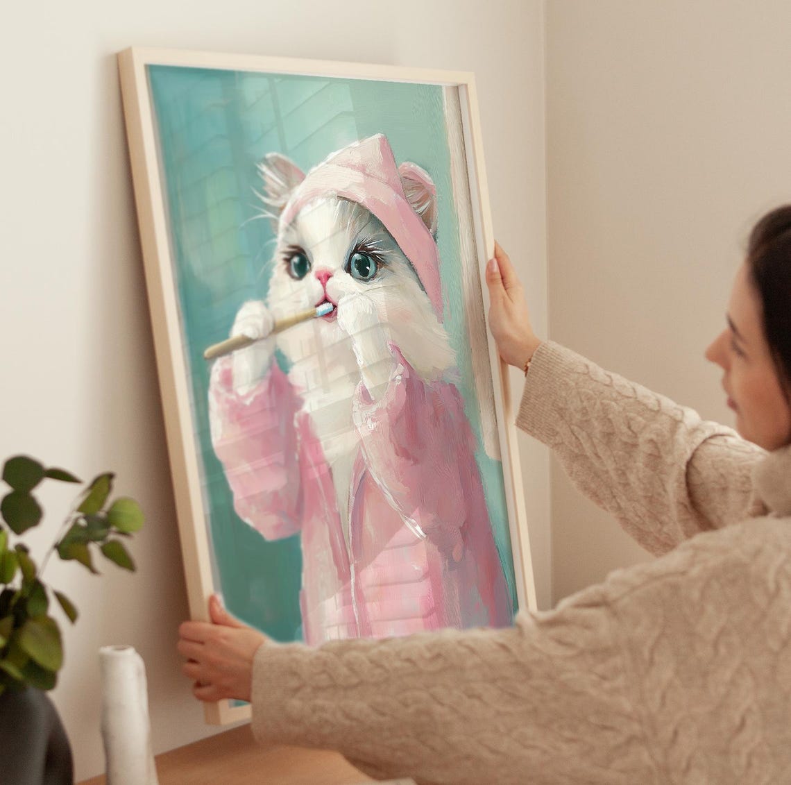 Cute Cat Brushing Teeth Pink Bathrobe Bathroom Funny Kitten Art Poster - Image 4
