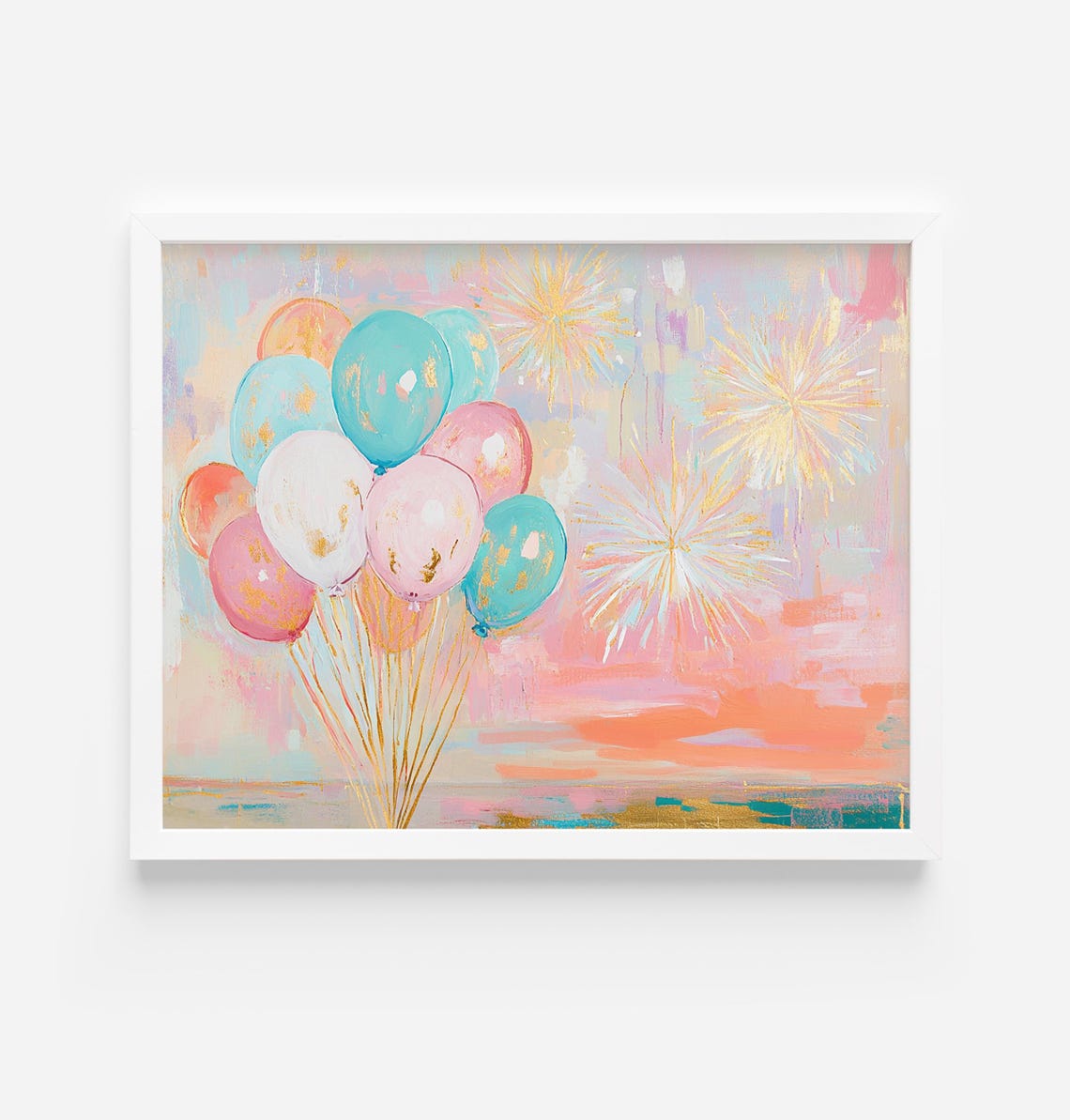 Pastel Balloons Gold Fireworks Celebration Painting Art Poster