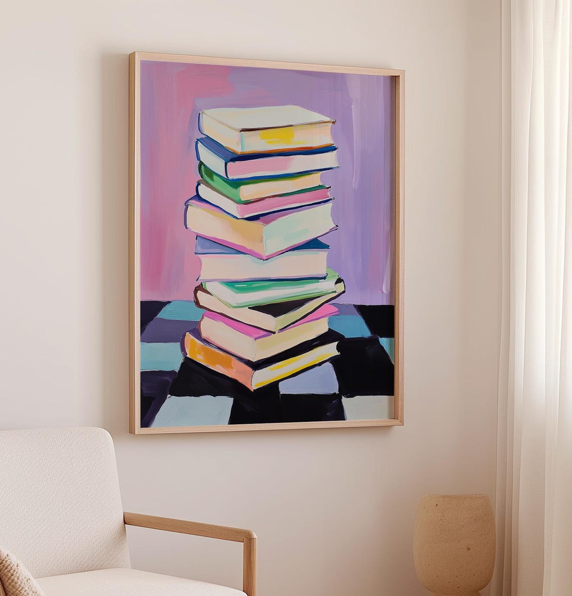 Stack Of Colorful Books On Checkered Floor Retro Style Art Poster - Image 2