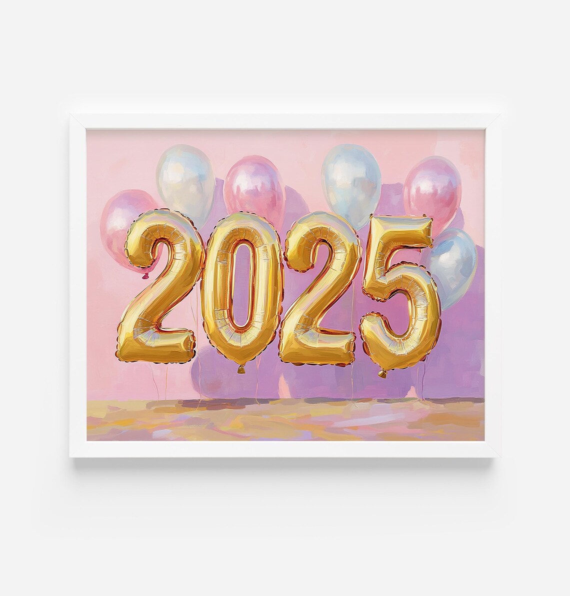 Shiny Gold 2025 Foil Balloon Numbers Pastel Party Art Poster