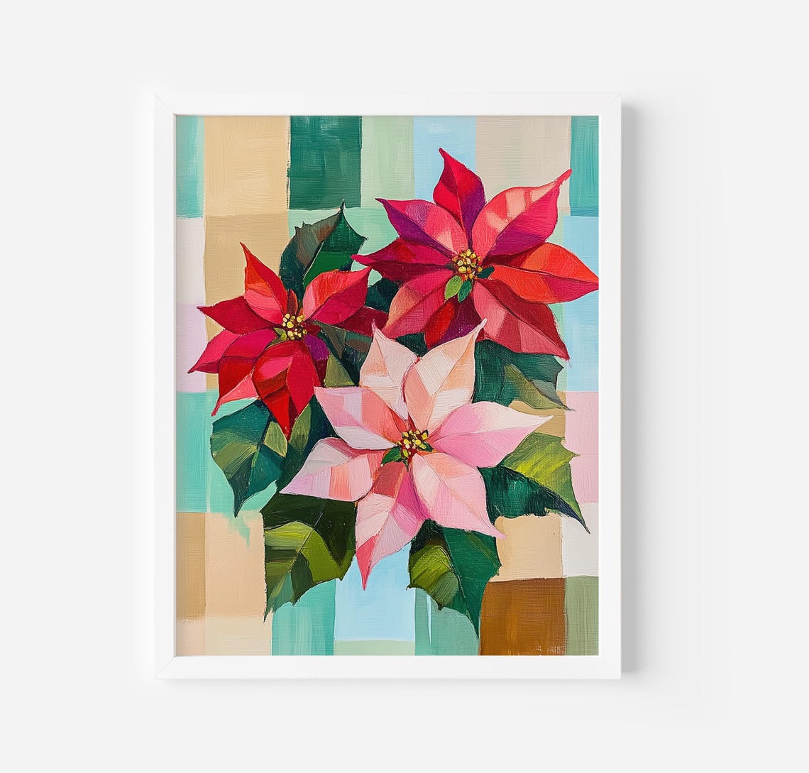 Poinsettia Flowers Painting Christmas Red Flowers Art Red Green Christmas Flowers Poster Holiday Poinsettias Print Floral Art