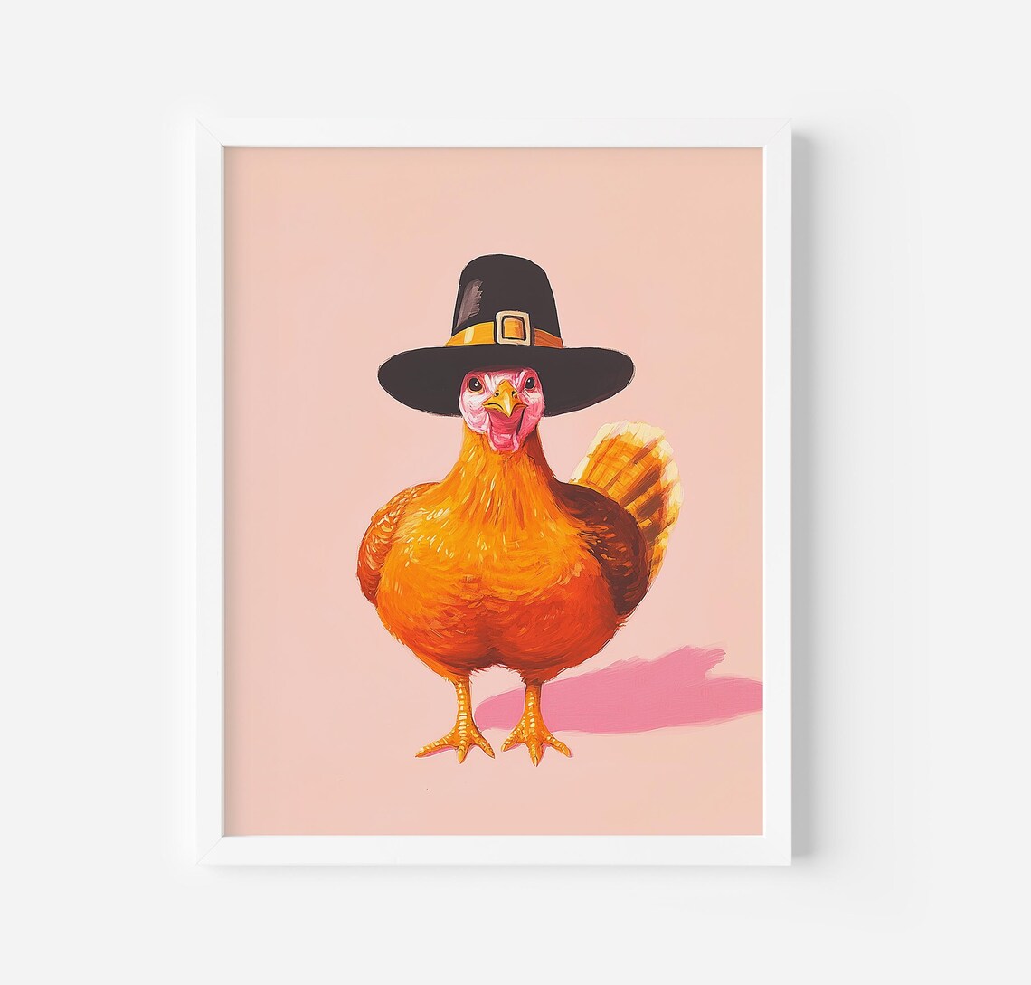 Pink Thanksgiving Turkey Art Print, Fall Harvest Decor