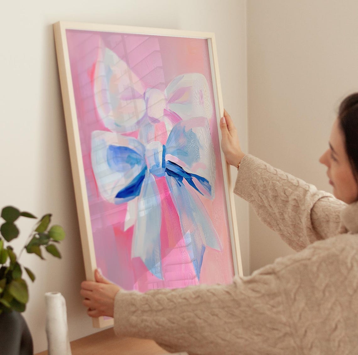 Chic Two Pink And Blue Coquette Bows On Pink Vintage Art Poster - Image 3