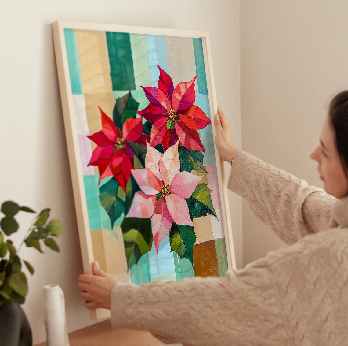 Trio Of Poinsettia Blooms On A Pastel Patchwork Background Poster - Image 3