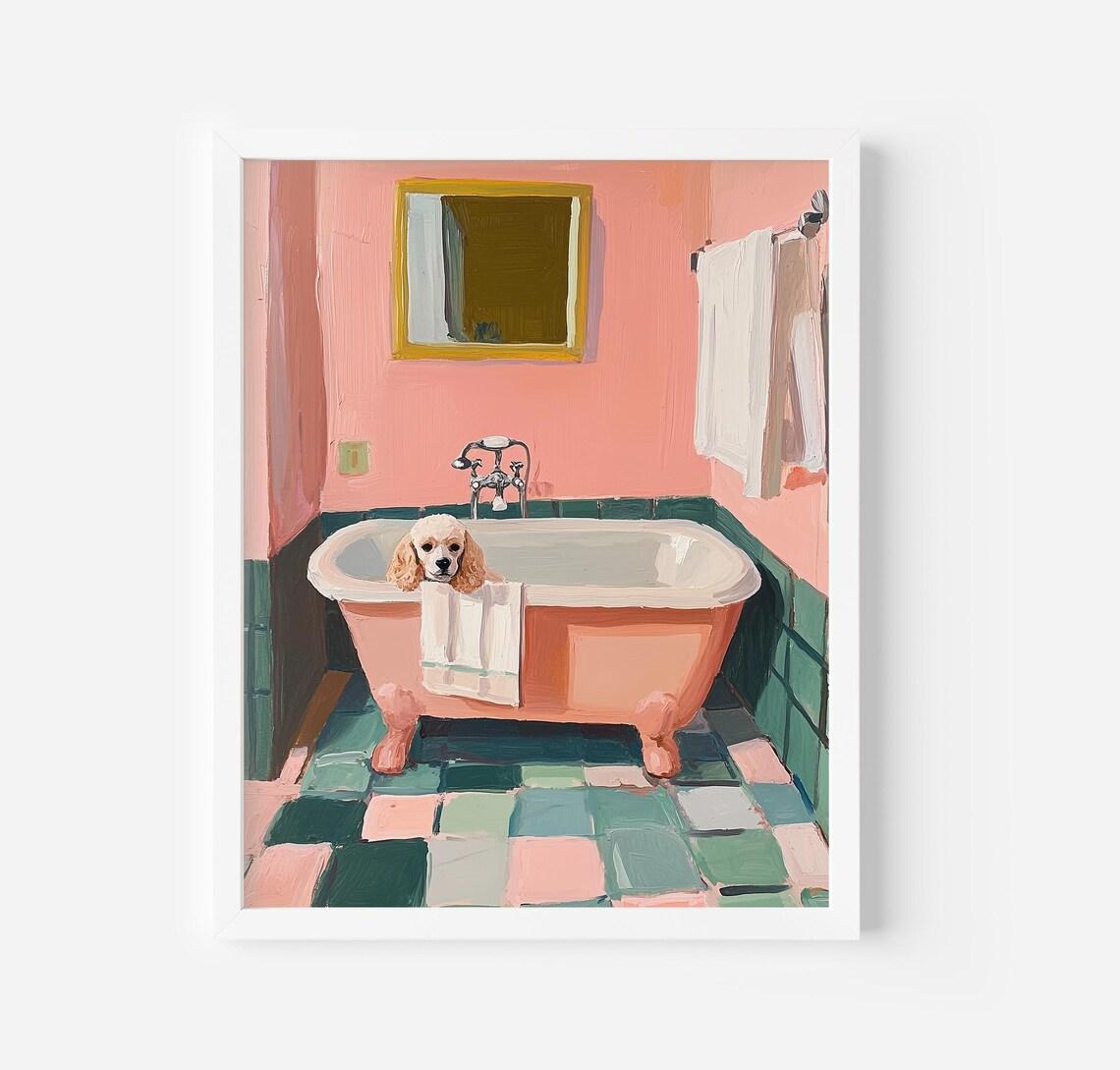 Toy Poodle in Bathtub, Pink Bathroom Dog Art Print